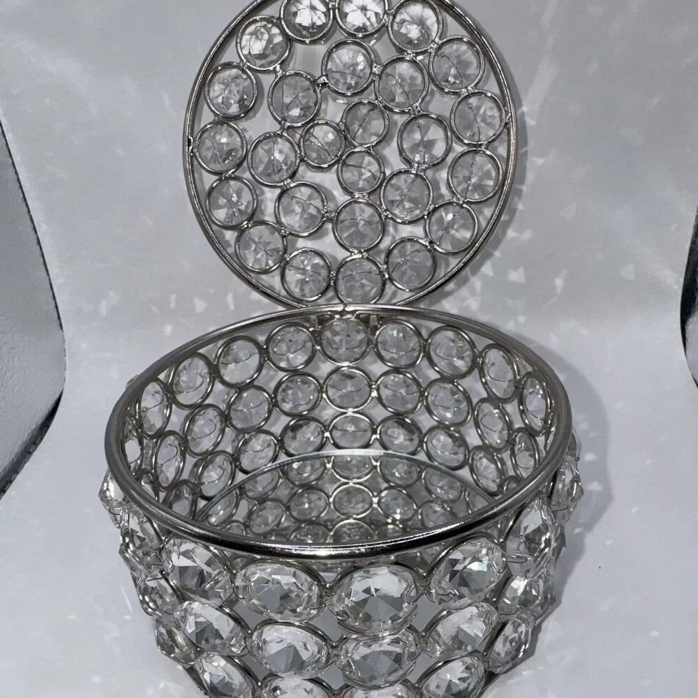Glass crystal like Jewelry/Trinket  Box, Silver Metal, mirrored inside, lid.